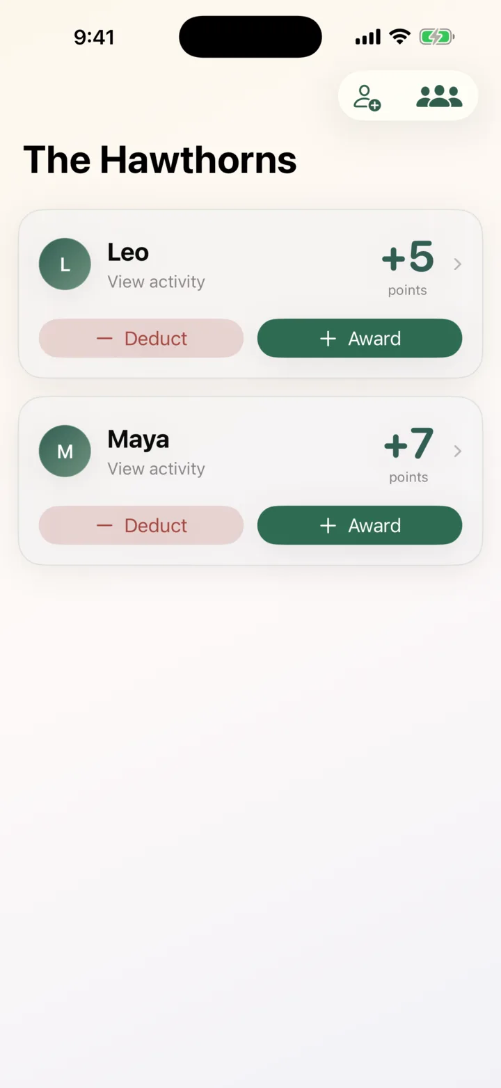 The Gentle Tally family dashboard on iPhone